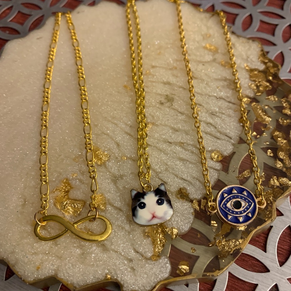 Anklet Set Gold Tone Evil Eye Cat & Infinity